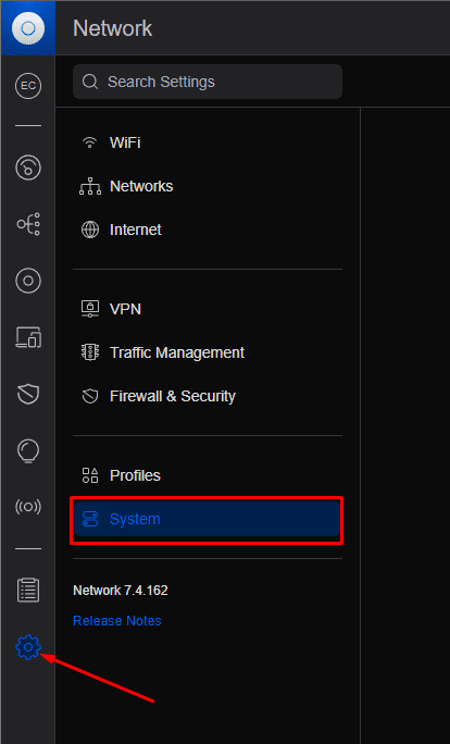 UniFi Network sidebar with the settings gear icon and the System menu item highlighted