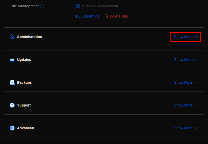UniFi System settings with the Show More link next to Administration highlighted