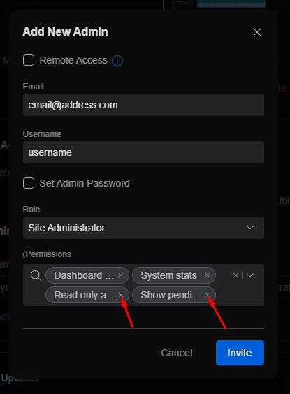 Add New Admin form with Site Administrator role, and the X buttons on the Read only and Show pending permissions marked