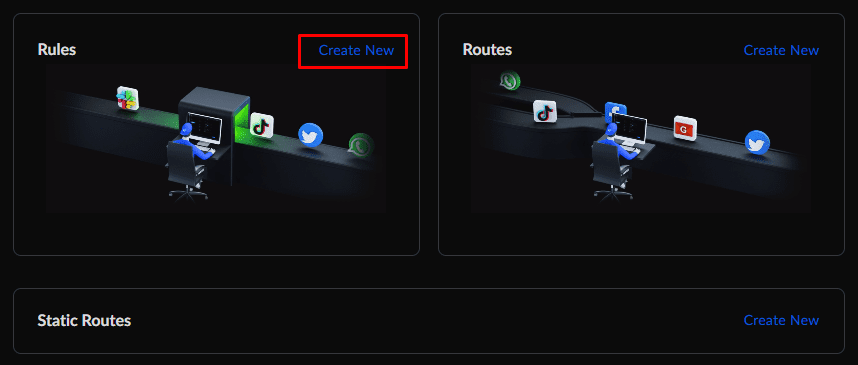 Traffic Management Rules panel with the Create New link highlighted