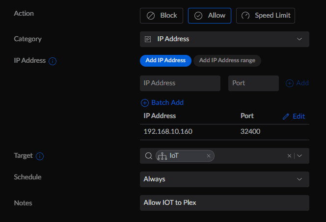 Allow rule for IP address 192.168.10.160 port 32400 with target IoT, schedule Always and the note Allow IOT to Plex