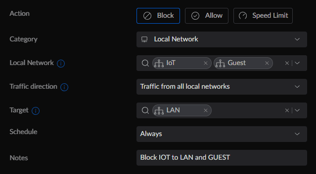 Block rule with category Local Network, source IoT and Guest, target LAN, schedule Always