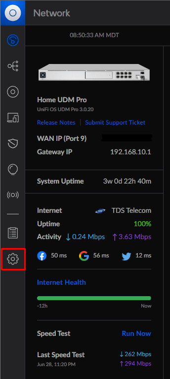 UniFi dashboard for a UDM Pro on UniFi OS 3.0.20 with the settings gear icon highlighted in the sidebar
