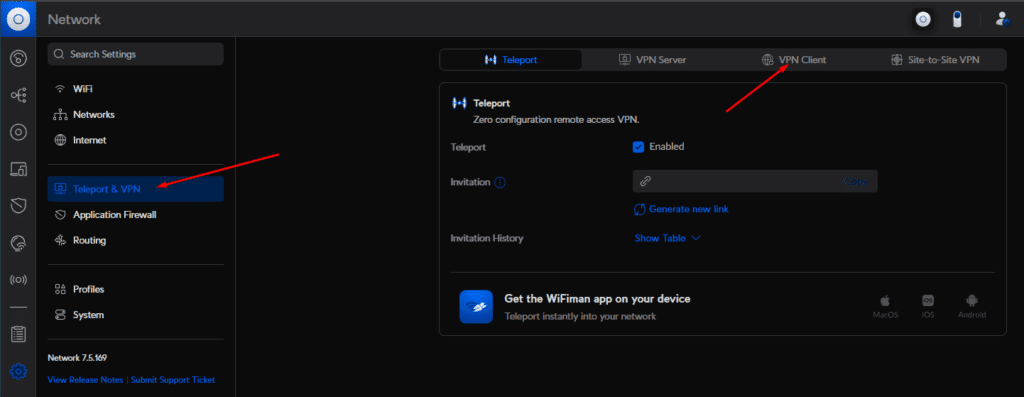 UniFi Network settings with Teleport & VPN selected and the VPN Client tab marked