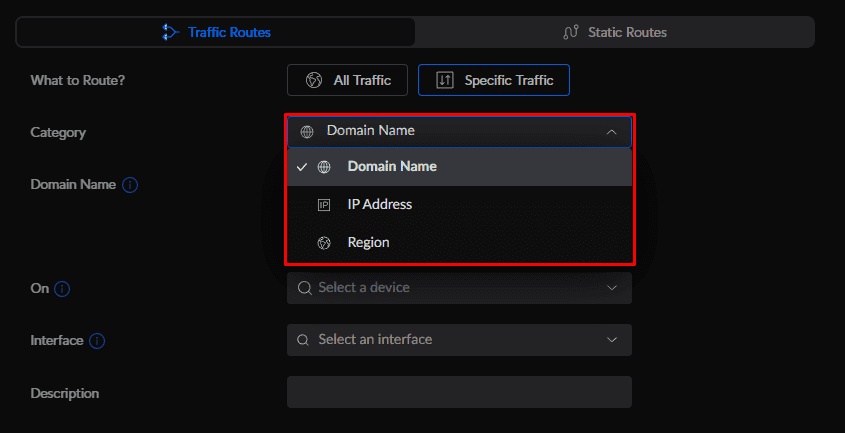 Specific Traffic Category dropdown open with the options Domain Name, IP Address and Region