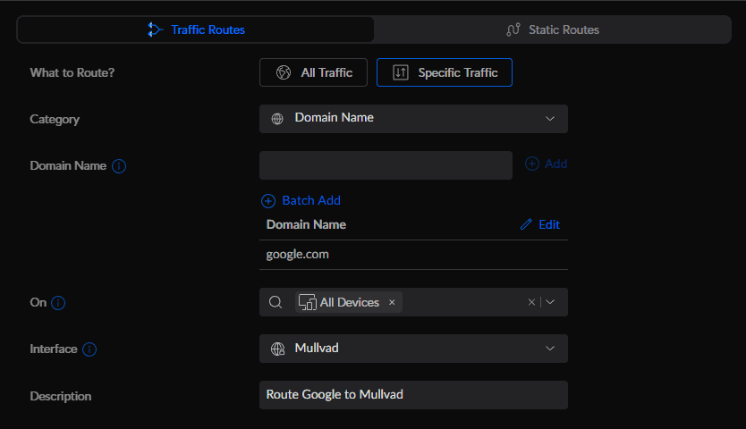 Specific Traffic route for domain google.com on All Devices through the Mullvad interface