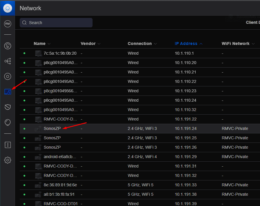UniFi client devices list with the Devices icon and a Wi-Fi client named SonosZP marked