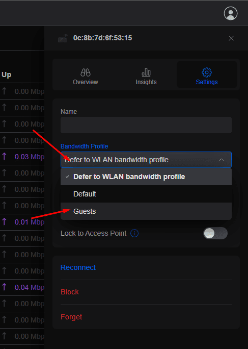 Client device Settings panel with the Bandwidth Profile dropdown open and the Guests profile marked