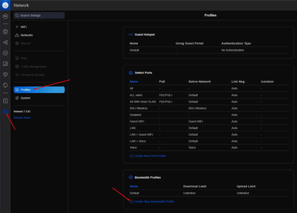 UniFi Network settings, Profiles page with the gear icon, Profiles menu and Create New Bandwidth Profile link marked