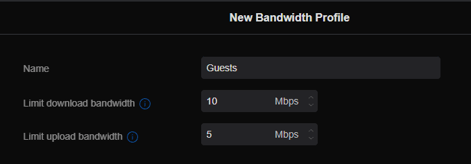 New Bandwidth Profile form named Guests with a 10 Mbps download limit and 5 Mbps upload limit