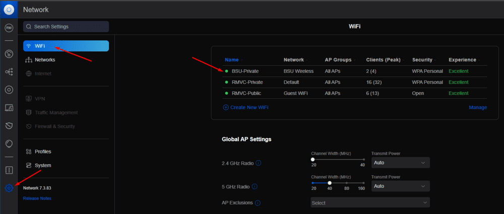 UniFi WiFi settings with the WiFi menu item and the BSU-Private network marked