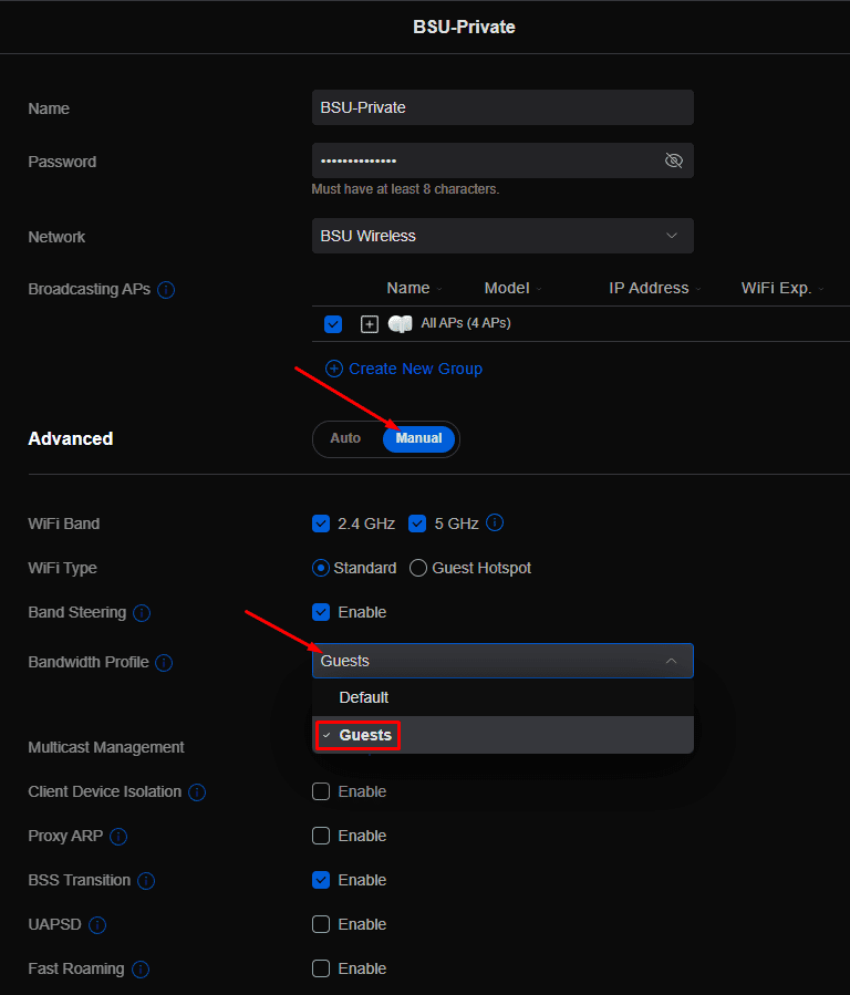 BSU-Private WiFi settings with Advanced set to Manual and the Guests bandwidth profile selected