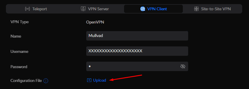 VPN Client form for OpenVPN named Mullvad with username and password filled in and the Upload button marked
