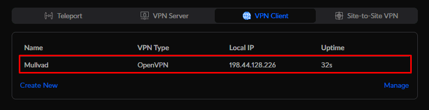 VPN Client list showing the Mullvad OpenVPN client with its local IP address and uptime