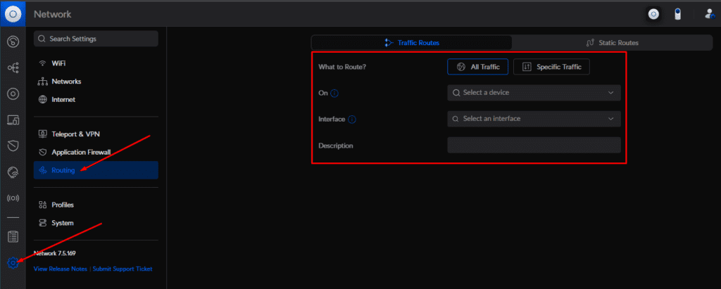 UniFi Network settings, Routing page with the Traffic Routes form: What to Route, On, Interface and Description