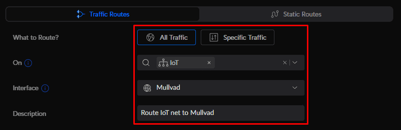 Traffic route set to All Traffic on the IoT network through the Mullvad interface, described as Route IoT net to Mullvad