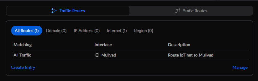 Traffic Routes list showing the saved All Traffic route through the Mullvad interface