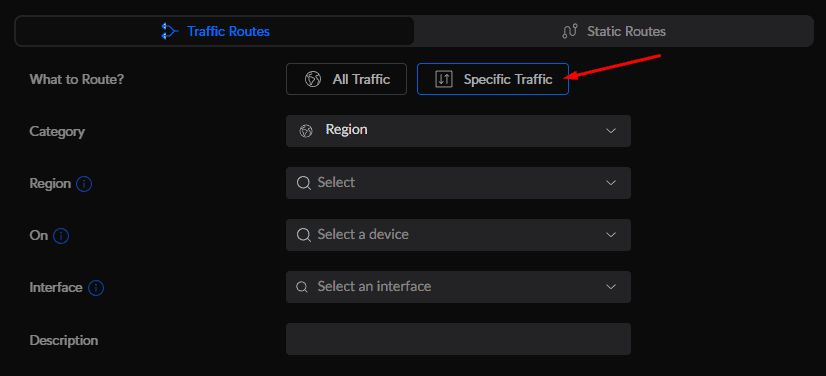 Traffic Routes form with the Specific Traffic option marked