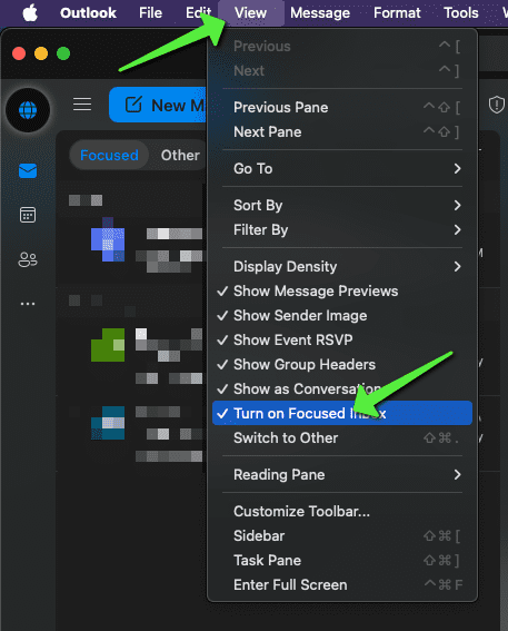 Outlook for Mac View menu open with Turn on Focused Inbox checked and marked