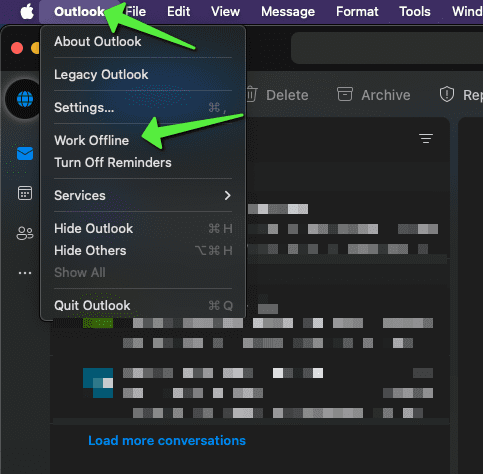 Outlook for Mac menu open with the Work Offline option marked