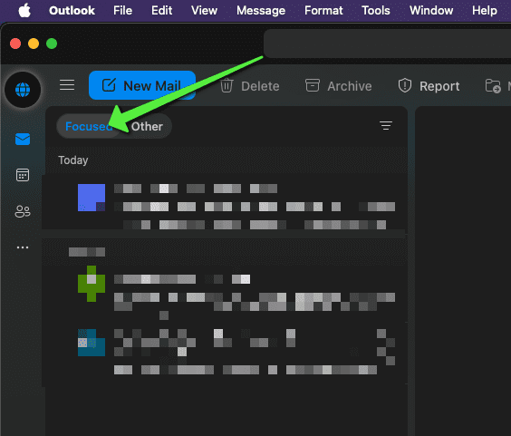 Outlook for Mac inbox with the Focused and Other tabs at the top, Focused marked