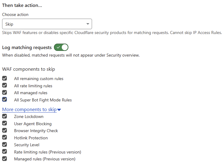 Cloudflare Allow Good Bots rule set to the Skip action, with logging on and all WAF and extra components to skip checked