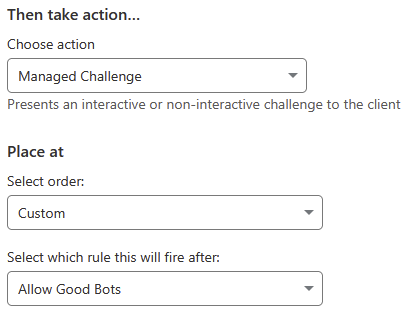 Cloudflare Aggressive Crawlers rule set to Managed Challenge, placed after the Allow Good Bots rule
