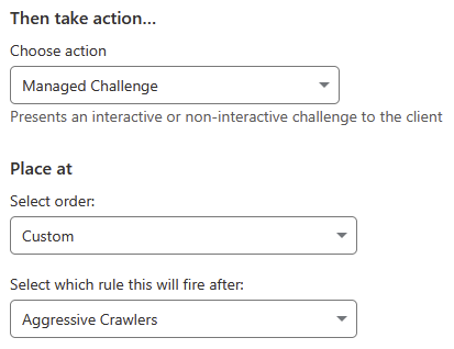 Cloudflare MC Large Providers rule set to Managed Challenge, placed after the Aggressive Crawlers rule