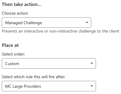 Cloudflare MC Path / VPN MC rule set to Managed Challenge, placed after the MC Large Providers rule