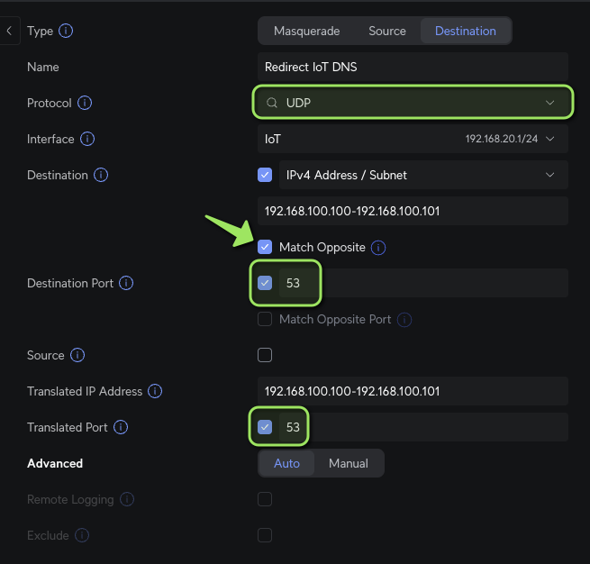 UniFi Destination NAT rule Redirect IoT DNS: UDP on the IoT interface, Match Opposite checked, port 53 translated to port 53